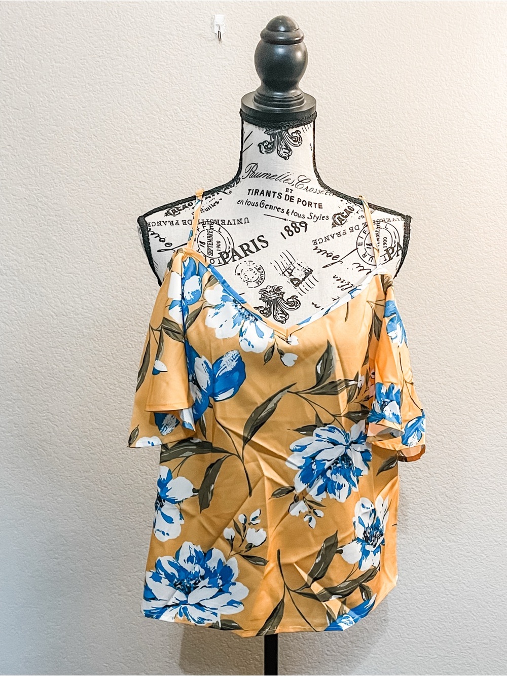 SHEIN Mustard Yellow Floral Cold-Shoulder Camisole with Blue Blooms
